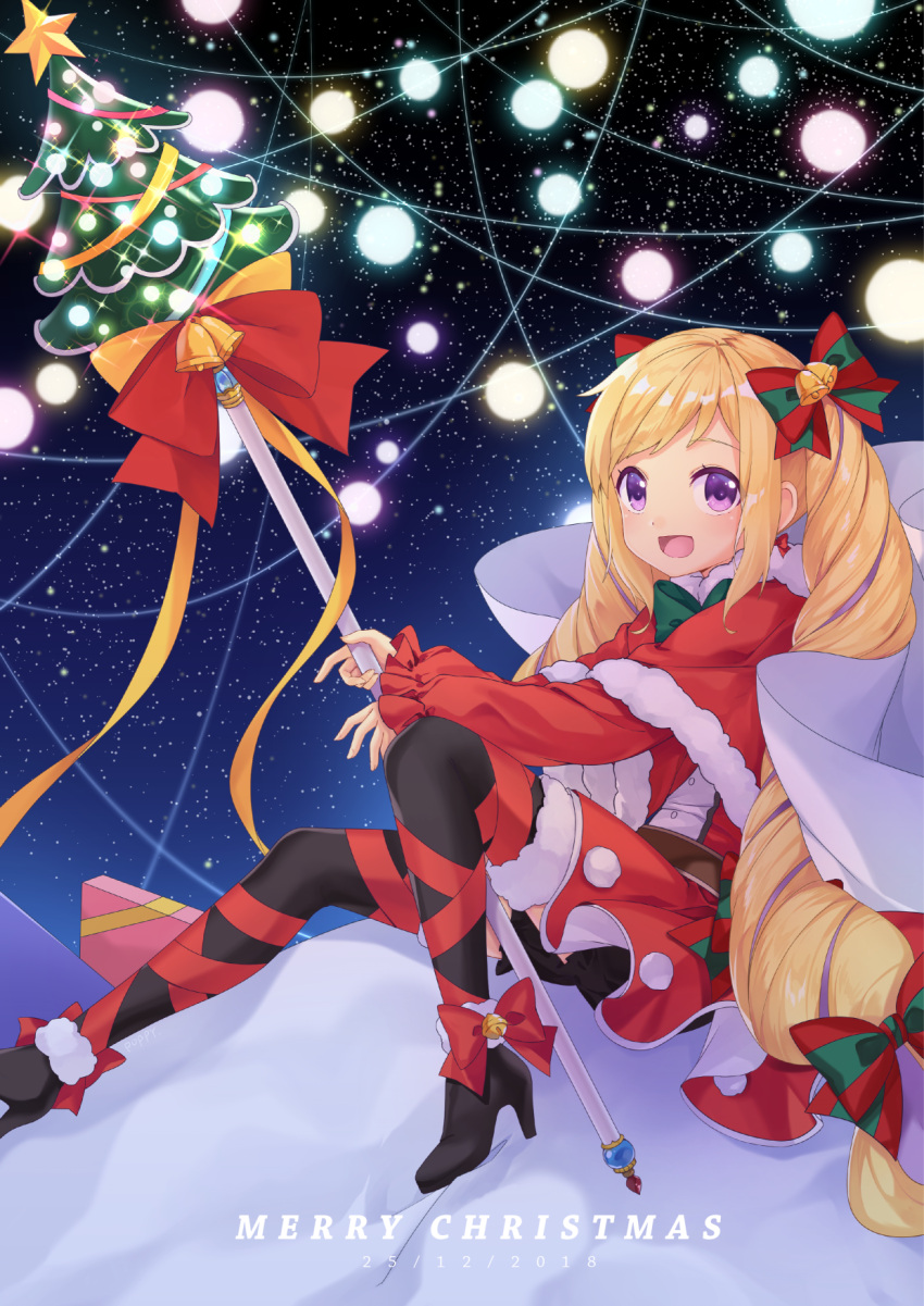 1girl alternate_costume bell blonde_hair bow box christmas_tree dated dress elise_(fire_emblem_if) fire_emblem fire_emblem_if fur_trim gift gift_box hair_bow high_heels highres holding holding_staff long_hair long_sleeves merry_christmas multicolored_hair night night_sky nintendo open_mouth purple_hair sitting sky solo staff star_(sky) transistor twintails violet_eyes