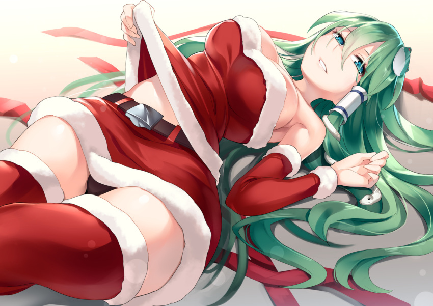 1girl alternate_costume aqua_eyes arm_warmers asutora bare_shoulders belt black_panties breasts christmas commentary_request frog_hair_ornament fur-trimmed_legwear fur_trim green_hair hair_between_eyes hair_ornament hair_tubes hat kochiya_sanae large_breasts long_hair looking_at_viewer lying midriff miniskirt on_back on_ground panties pantyshot pantyshot_(lying) red_legwear red_ribbon red_skirt ribbon santa_costume santa_hat skirt snake_hair_ornament solo strapless thigh-highs touhou underwear