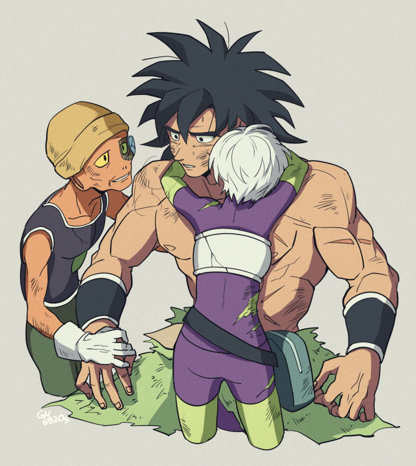 1girl 2boys armor arms_around_neck arms_at_sides black_eyes black_hair broken_armor broly_(dragon_ball_super) cheelai dirty dirty_clothes dirty_face dragon_ball dragon_ball_super dragon_ball_super_broly expressionless facing_away fanny_pack fingernails gloves grey_background hand_on_another's_arm hat height_difference highres lemo_(dragon_ball) light_smile looking_at_another looking_away multiple_boys muscle nipples open_mouth scar scouter shaded_face shirtless short_hair simple_background smile spiky_hair tama_azusa_hatsu torn_clothes twitter_username upper_body white_gloves white_hair wristband