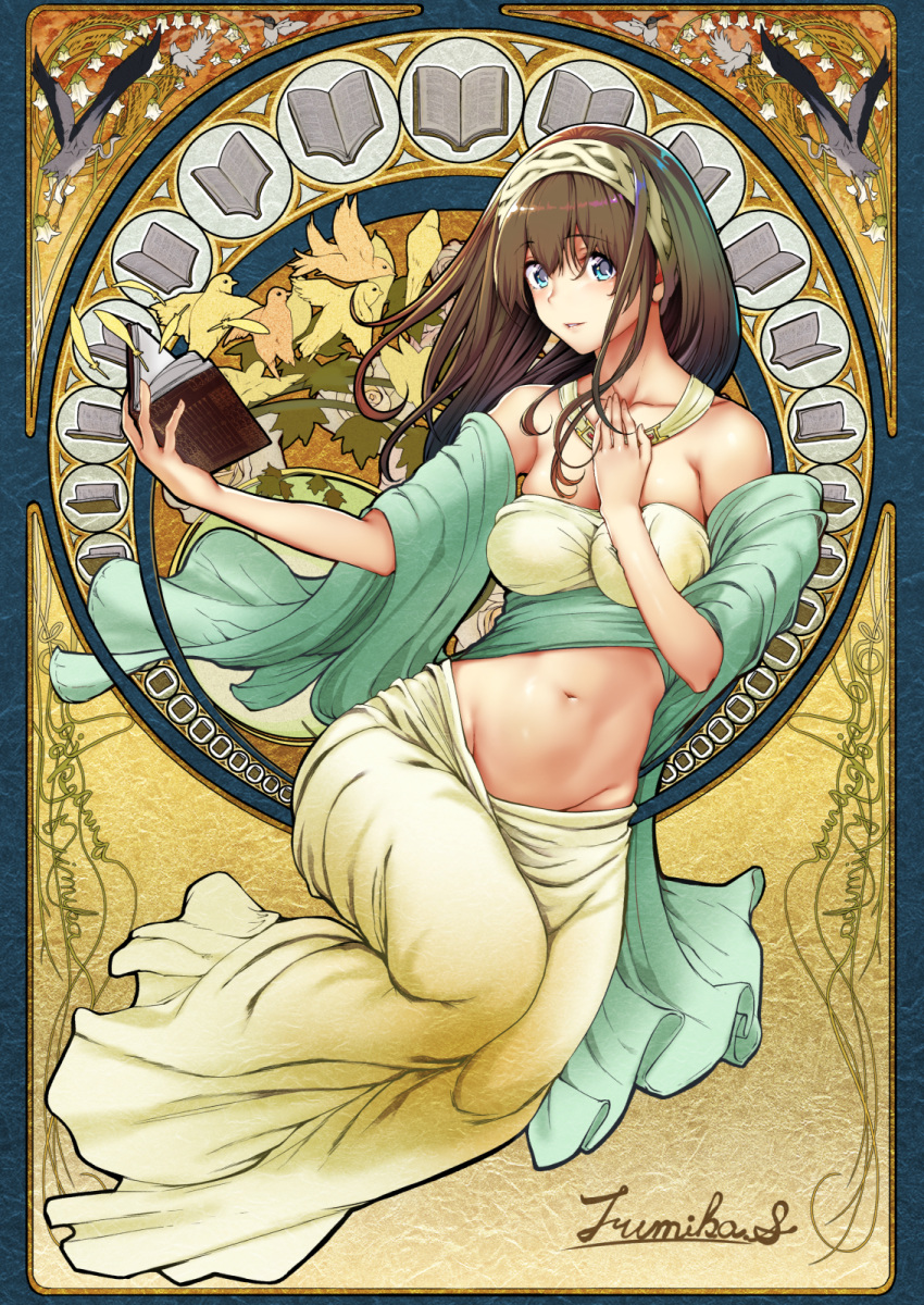 1girl art_nouveau bandeau bangs bare_shoulders bird blue_eyes book breasts brown_hair commentary_request eyebrows_visible_through_hair floating_hair hairband hand_up heron highres holding holding_book idolmaster idolmaster_cinderella_girls jewelry large_breasts long_hair long_skirt looking_at_viewer navel necklace nohito open_book sagisawa_fumika shawl signature skirt smile solo