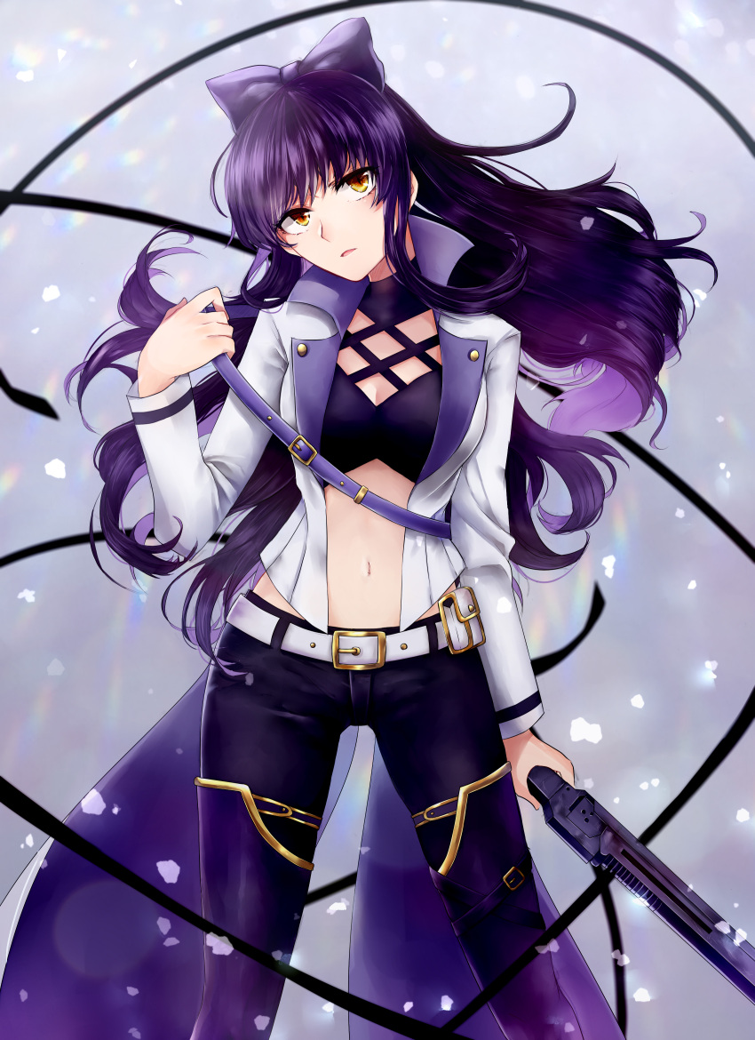 1girl absurdres assa_2 black_pants blake_belladonna bow breasts cleavage crop_top floating_hair hair_bow head_tilt highres holding holding_weapon jacket long_hair long_sleeves looking_at_viewer medium_breasts midriff navel open_clothes open_jacket pants parted_lips purple_bow purple_hair rwby skin_tight solo standing stomach very_long_hair weapon white_jacket yellow_eyes