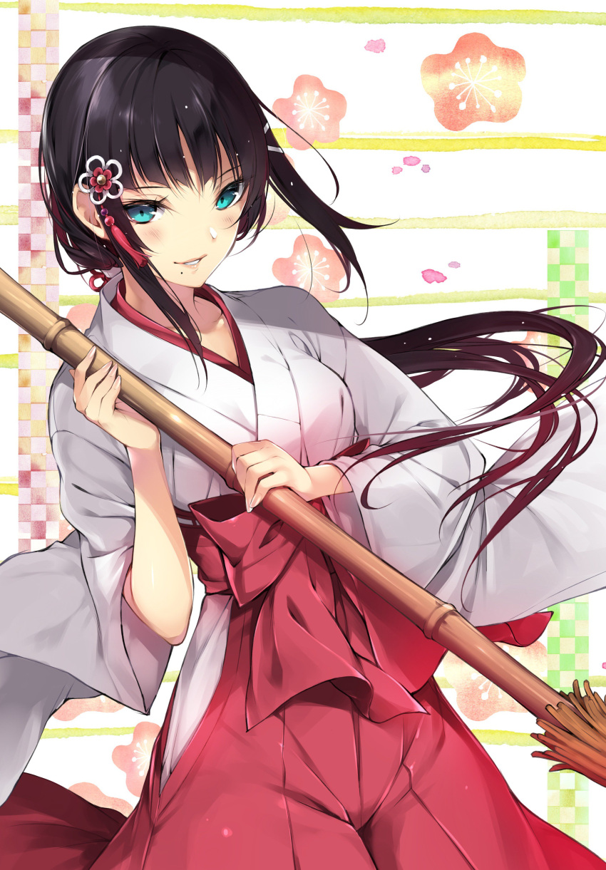 1girl absurdres aqua_eyes bangs black_hair blunt_bangs blush broom checkered checkered_border cowboy_shot floral_background flower hair_flower hair_ornament hakama hario_4 highres holding holding_broom japanese_clothes kurosawa_dia long_hair love_live! love_live!_sunshine!! low_ponytail miko mole mole_under_mouth parted_lips red_hakama solo tassel very_long_hair wide_sleeves