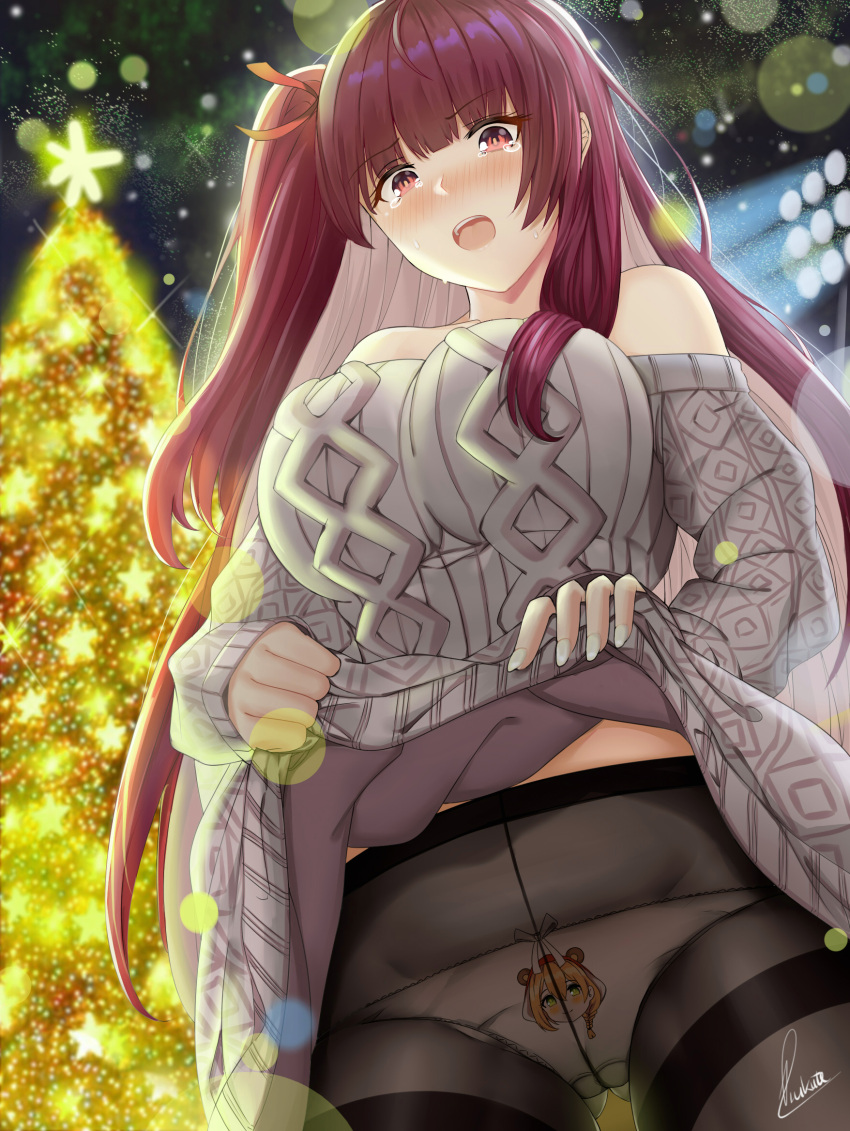 1girl aran_sweater bangs black_legwear blurry blurry_background blush bokeh breasts character_print christmas_tree clothes_lift depth_of_field dress eyebrows_visible_through_hair girls_frontline hair_ribbon highres large_breasts lifted_by_self long_hair long_sleeves looking_at_viewer night one_side_up open_mouth outdoors panties panties_under_pantyhose pantyhose piukute062 purple_hair red_eyes red_ribbon ribbon ribbon-trimmed_panties signature solo sweater sweater_dress sweater_lift tearing_up underwear very_long_hair wa2000_(girls_frontline) white_panties white_sweater