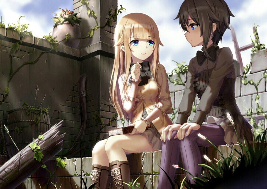 2girls ange_(princess_principal) aya223 black_neckwear blonde_hair blue_eyes book boots bow bowtie breasts brown_footwear brown_hair closed_mouth commentary_request dress eye_contact eyebrows_visible_through_hair grey_dress hair_between_eyes hair_flaps holding holding_book long_hair long_sleeves looking_at_another medium_breasts multiple_girls pantyhose plant potted_plant princess_(princess_principal) princess_principal purple_legwear ruins short_hair signature sitting smile vines violet_eyes