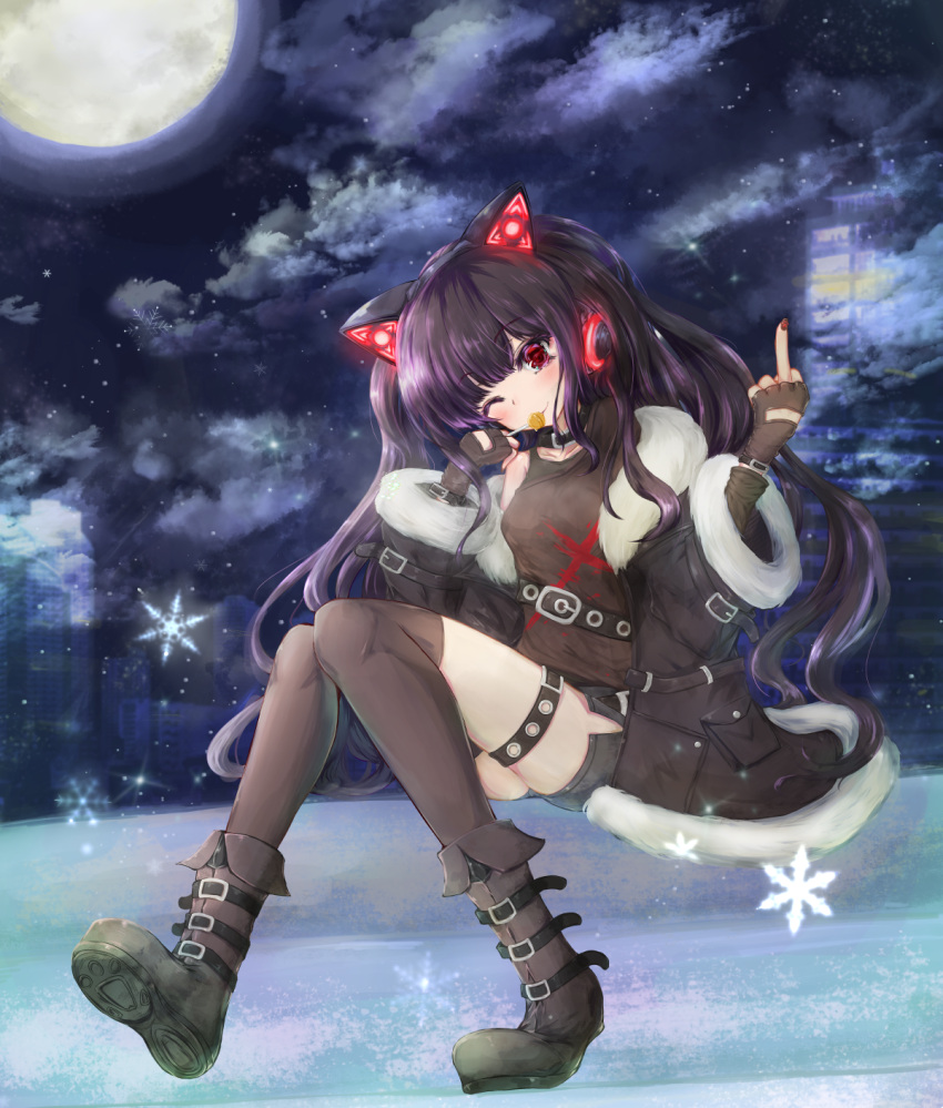 1girl ;) bangs belt belt_buckle black_belt black_jacket black_shorts blush breasts brown_footwear brown_legwear brown_shirt buckle building candy cat_ear_headphones clouds cloudy_sky commentary_request eyebrows_visible_through_hair fingerless_gloves fingernails food full_moon fur-trimmed_jacket fur-trimmed_sleeves fur_trim gloves glowing habu_rin hands_up headphones highres holding holding_food holding_lollipop jacket lollipop long_hair long_sleeves looking_at_viewer middle_finger moon nail_art night night_sky one_eye_closed open_clothes open_jacket original outdoors purple_hair red_eyes shirt shoe_soles short_shorts shorts sky skyscraper small_breasts smile snow solo thigh-highs thighhighs_under_boots very_long_hair wide_sleeves window winter