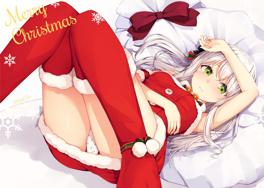 1girl arm_across_waist arm_up bangs blush boots breasts buttons dress embarrassed eyebrows_visible_through_hair fur-trimmed_dress fur-trimmed_footwear green_eyes hair_ornament highres knees_together_feet_apart long_hair looking_at_viewer lying merry_christmas mitoko_(tsuchikure) on_back original panties parted_lips polka_dot polka_dot_panties red_dress sack sidelocks signature silver_hair sleeveless sleeveless_dress small_breasts snowflakes solo tareme thigh-highs thigh_boots thighs tsuchikure underwear