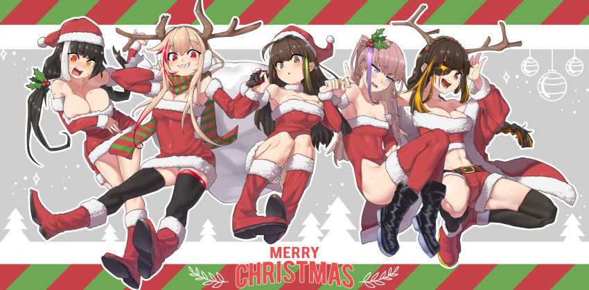 5girls absurdres animal_costume anti-rain_(girls_frontline) antlers blush boots breasts christmas christmas_tree commentary earmuffs embarrassed english_text eyepatch girls_frontline gloves hand_holding happy hat heterochromia highres large_breasts m16a1_(girls_frontline) m4_sopmod_ii_(girls_frontline) m4a1_(girls_frontline) medium_breasts merry_christmas multiple_girls reindeer_antlers reindeer_costume ro635_(girls_frontline) santa_boots santa_costume santa_hat sd_bigpie small_breasts smile st_ar-15_(girls_frontline) thigh-highs