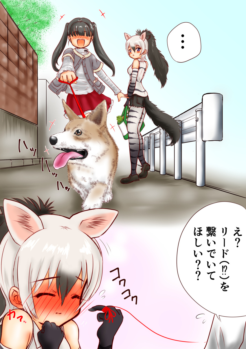 +++ ... 2girls 2koma :o aardwolf_(kemono_friends) aardwolf_ears aardwolf_print aardwolf_tail animal_ears animal_print bag bangs bare_shoulders black_footwear black_hair blush cardigan closed_eyes closed_mouth comic commentary_request day dog elbow_gloves embarrassed extra_ears eyebrows_visible_through_hair flying_sweatdrops full-face_blush gloves hair_between_eyes hakumaiya high_ponytail highres holding holding_bag kemono_friends leash long_hair long_sleeves looking_at_another multicolored_hair multiple_girls necktie nose_blush open_mouth outdoors pantyhose ponytail print_gloves print_legwear print_shirt red_string shirt shoes short_over_long_sleeves short_sleeves shorts sidelocks silver_hair skirt sleeveless sleeveless_shirt solo_focus spoken_ellipsis standing string string_around_finger tail translation_request twintails two-tone_hair walking
