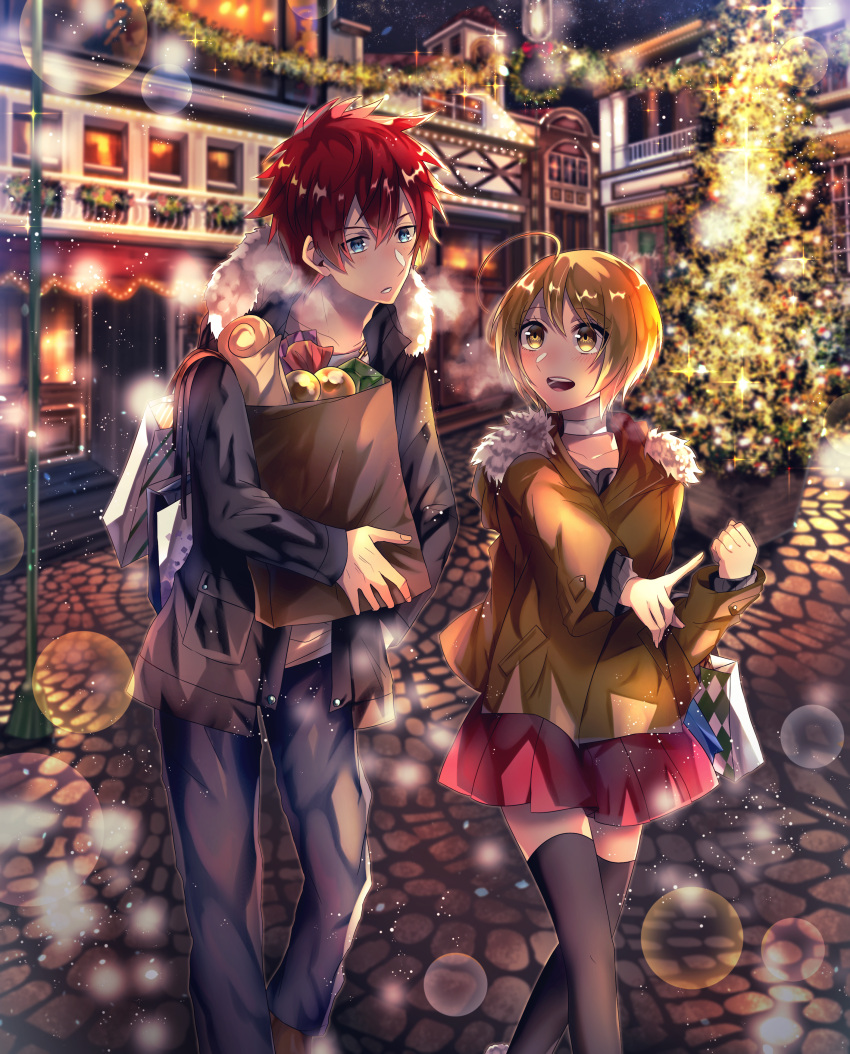 1boy 1girl :d absurdres ahoge bag black_coat blonde_hair blue_eyes blurry blurry_background brown_coat choker christmas christmas_tree city clenched_hand coat cobblestone eye_contact fur_trim getsuyoubi harryham_harry highres huge_filesize hugtto!_precure index_finger_raised kagayaki_homare lamppost lens_flare_abuse looking_at_another night open_mouth outdoors pants pocket precure red_skirt redhead shopping_bag short_hair skirt smile sparkle thigh-highs white_choker