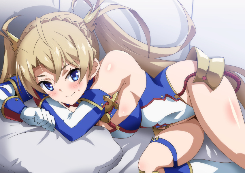 1girl bangs bare_shoulders blonde_hair blue_eyes blush bradamante_(fate/grand_order) braid breasts closed_mouth elbow_gloves fate/grand_order fate_(series) faulds french_braid gloves hair_ornament hera_(hara0742) highleg highleg_leotard highres hips leotard long_hair looking_at_viewer lying smile solo_focus thigh_strap thighs twintails very_long_hair