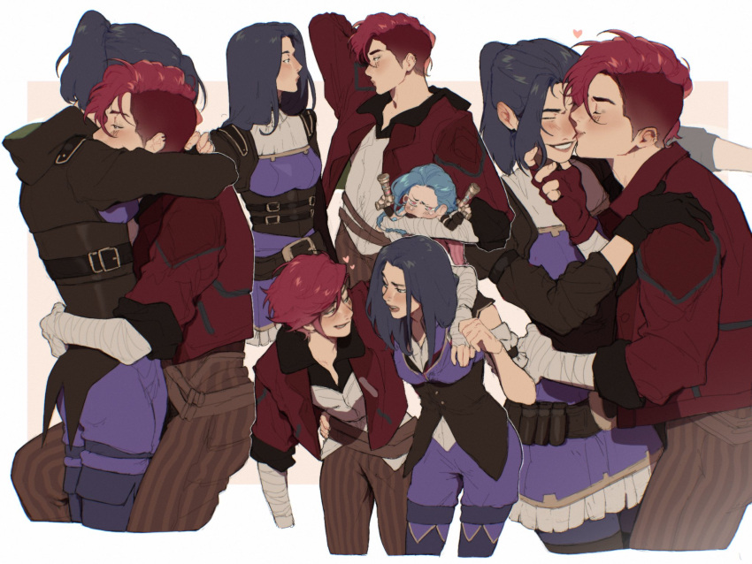 3girls arcane:_league_of_legends arm_around_shoulder blue_hair blush caitlyn_(league_of_legends) chibi eye_contact facial_tattoo highres horizontal_stripes hug jacket jinx_(league_of_legends) kiss league_of_legends looking_at_another monnbr multiple_girls pants pink_hair red_jacket smile striped striped_pants tattoo vi_(league_of_legends) wrist_wrap yuri
