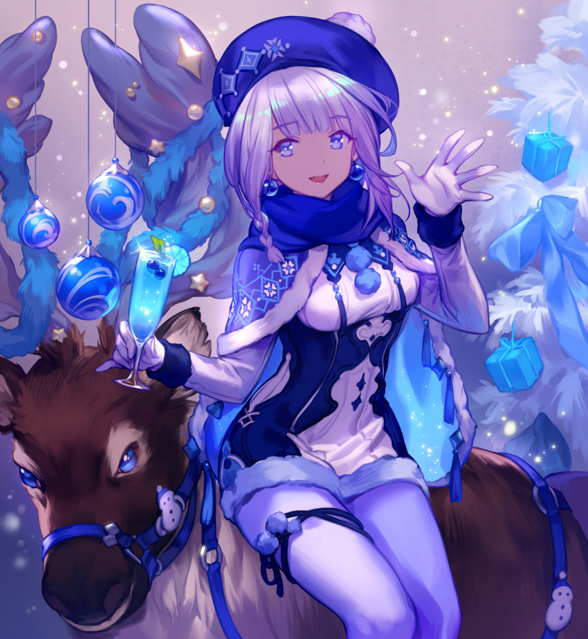 1girl :d animal bangs bauble blue blue_cape blue_eyes blue_hat blue_ribbon blue_scarf braid breasts cape christmas commentary_request cup dress drinking_glass earrings eyebrows_visible_through_hair feet_out_of_frame fur-trimmed_cape fur_trim gift hat highres holding holding_cup jewelry lee_hyeseung long_hair medium_breasts open_mouth original pantyhose reindeer ribbon scarf silver_hair sitting smile solo tareme taut_clothes tropical_drink white_dress white_legwear wine_glass