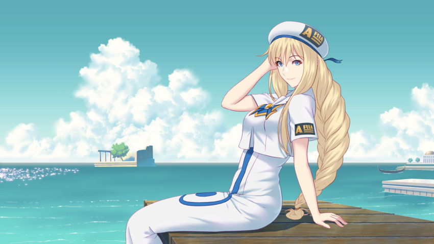 1girl alicia_florence aria arm_support blonde_hair blue_eyes blue_neckwear blue_sky bow bowtie braid clouds cloudy_sky commentary_request crop_top eyebrows_visible_through_hair fateline_alpha from_side gondola hair_ornament hand_up hat high-waist_skirt highres horizon long_hair looking_at_viewer looking_to_the_side ocean pier scenery short_sleeves single_braid sitting skirt sky smile solo uniform white_hat white_skirt
