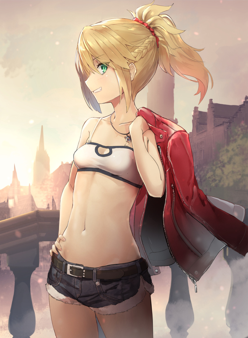 1girl balcony bandeau bangs belt black_belt blonde_hair braided_ponytail breasts cityscape collarbone commentary_request denim denim_shorts eyebrows_visible_through_hair eyes_visible_through_hair fate/apocrypha fate_(series) from_side green_eyes grin hair_ornament hair_scrunchie hand_on_hip highres isegawa_yasutaka jacket jacket_on_shoulders jewelry midriff mordred_(fate)_(all) navel necklace outdoors parted_lips ponytail profile railing red_jacket red_scrunchie scrunchie short_shorts shorts sidelocks small_breasts smile standing