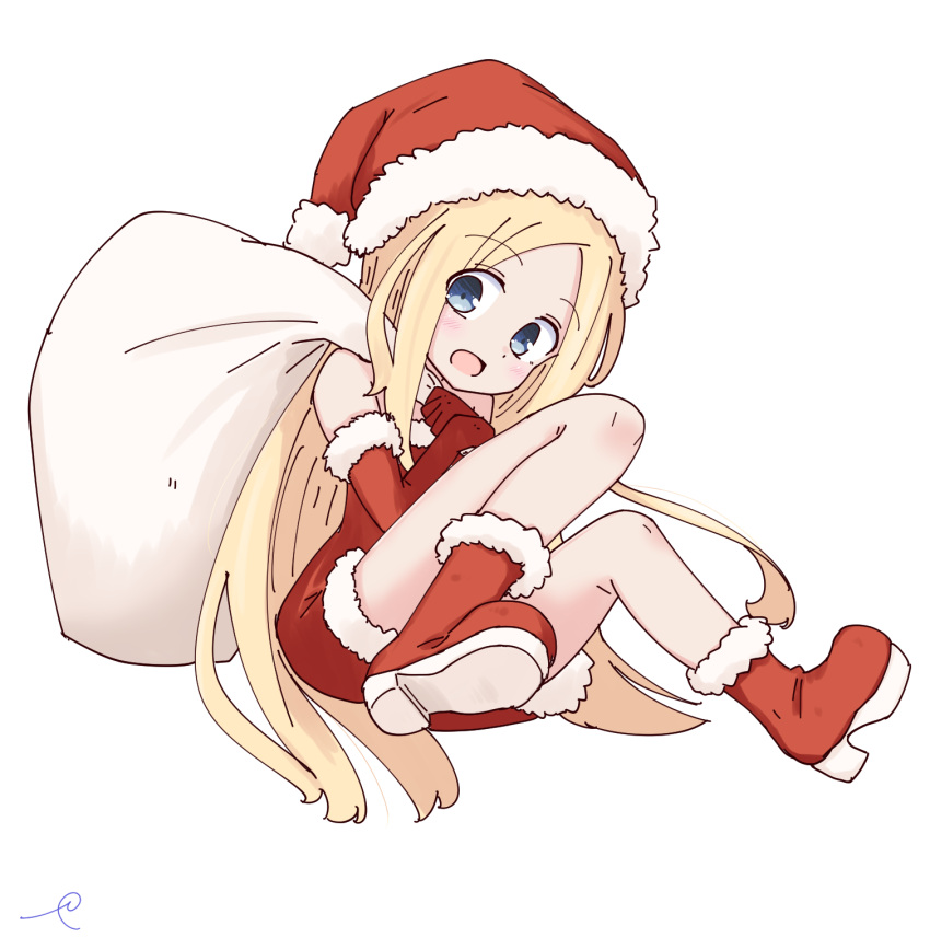1girl :d abigail_williams_(fate/grand_order) alternate_costume bangs bare_shoulders blonde_hair blue_eyes blush christmas commentary_request dress elbow_gloves eyebrows_visible_through_hair fate/grand_order fate_(series) forehead full_body fur-trimmed_boots fur-trimmed_dress fur-trimmed_gloves fur-trimmed_hat fur_trim gloves hat head_tilt highres holding holding_sack kujou_karasuma long_hair open_mouth parted_bangs red_dress red_footwear red_gloves red_hat sack santa_costume santa_hat simple_background smile solo very_long_hair white_background