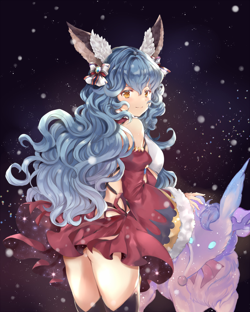 1girl animal_ears ass backless_dress backless_outfit bangs bare_shoulders black_background black_legwear blue_hair blush breasts christmas closed_mouth commentary_request cowboy_shot creature detached_collar detached_sleeves dress ferry_(granblue_fantasy) floating_hair from_behind fur_trim granblue_fantasy hair_ribbon highres hinahino jewelry juliet_sleeves long_hair long_sleeves looking_at_viewer looking_back medium_breasts puffy_sleeves red_dress ribbon santa_costume smile snowing solo standing thigh-highs thighs wavy_hair white_ribbon yellow_eyes