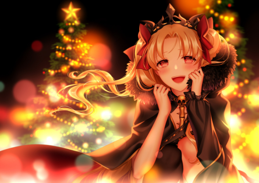1girl :d arkray asymmetrical_sleeves bangs black_cape blonde_hair blush buckle cape christmas christmas_lights christmas_ornaments christmas_tree commentary_request detached_collar ereshkigal_(fate/grand_order) fate/grand_order fate_(series) fur-trimmed_cape fur_trim hair_ribbon highres jewelry long_hair looking_at_viewer multicolored multicolored_cape multicolored_clothes necklace open_mouth parted_bangs pine_tree red_cape red_eyes red_ribbon ribbon single_sleeve skull smile solo spine star tiara tree two_side_up