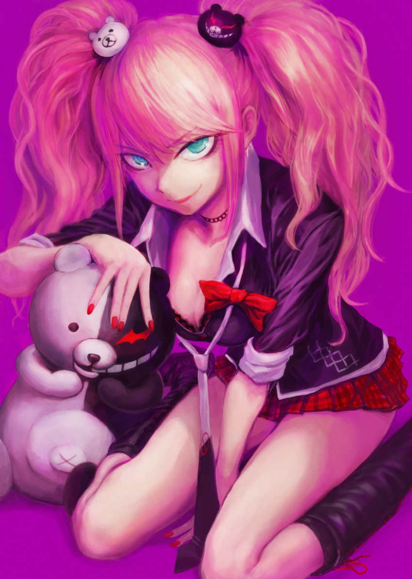 1girl absurdres bare_legs bear bear_hair_ornament blonde_hair blue_eyes boots bow breasts cleavage closed_mouth commentary_request dangan_ronpa dangan_ronpa_1 dot_eyes enoshima_junko evil_grin evil_smile eyebrows_visible_through_hair fingernails grin hair_ornament hand_on_ground hand_on_head heterochromia highres kneeling large_breasts laughing long_hair looking_at_viewer miniskirt monokuma nail_polish necktie open_eyes pink_background red_eyes red_nails red_ribbon red_skirt ribbon school_uniform short_sleeves simple_background skirt smile stdl twintails