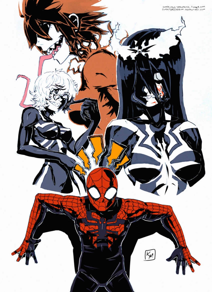 1boy 3girls absurdres artist_name artist_request black_hair black_skin breasts carnage_(marvel) commentary deviantart english_commentary eyebrows_visible_through_hair genderswap genderswap_(mtf) hair_between_eyes hair_ribbon highres humanization long_hair long_tongue looking_at_viewer marvel monster_girl multiple_girls pale_skin personification peter_parker red_skin redhead ribbon sharp_teeth short_hair simple_background smile smile_face somersaultdropkick spider-man_(series) symbiote symbol teeth tongue tongue_out tumblr venom_(marvel) watermark web_address white_background white_hair yandere