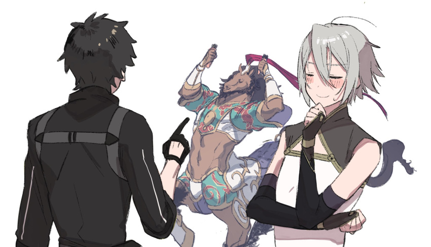 2boys ahoge azarashi_ball black_hair blush chinese_armor chinese_clothes closed_eyes detached_sleeves fate/grand_order fate_(series) fujimaru_ritsuka_(male) gao_changgong_(fate) gloves grey_hair highres horse multiple_boys red_hare_(fate/grand_order) smile