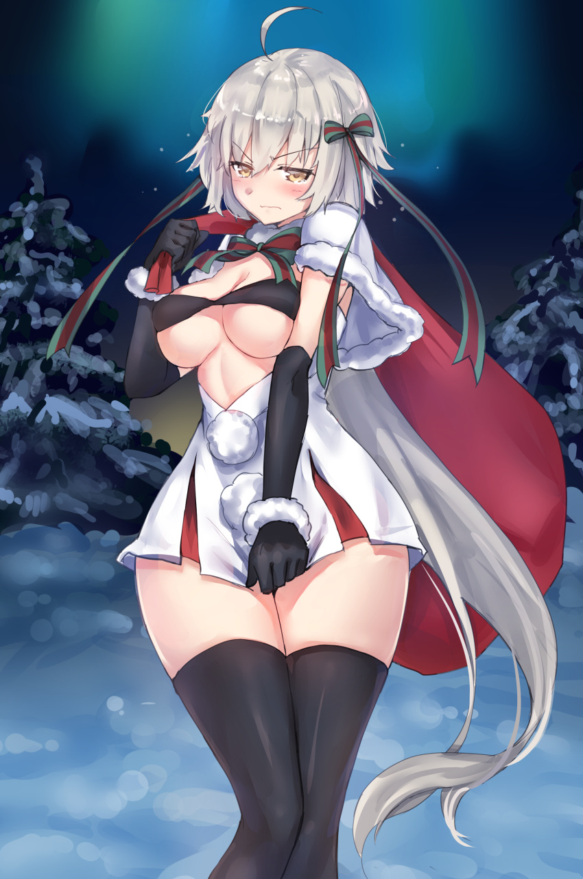 1girl absurdres ahoge black_bikini_top black_gloves black_legwear blurry blush bow breasts capelet commentary_request cosplay depth_of_field dress dress_tug elbow_gloves embarrassed eyebrows_visible_through_hair fate/grand_order fate_(series) fur-trimmed_capelet fur_trim gloves green_bow green_ribbon headpiece highres jeanne_d'arc_(alter)_(fate) jeanne_d'arc_(fate)_(all) jeanne_d'arc_alter_santa_lily jeanne_d'arc_alter_santa_lily_(cosplay) knees_together_feet_apart large_breasts looking_at_viewer miramu_(ramu450471) ribbon short_dress silver_hair solo standing striped striped_bow striped_ribbon tears thigh-highs thighs tsurime white_capelet yellow_eyes
