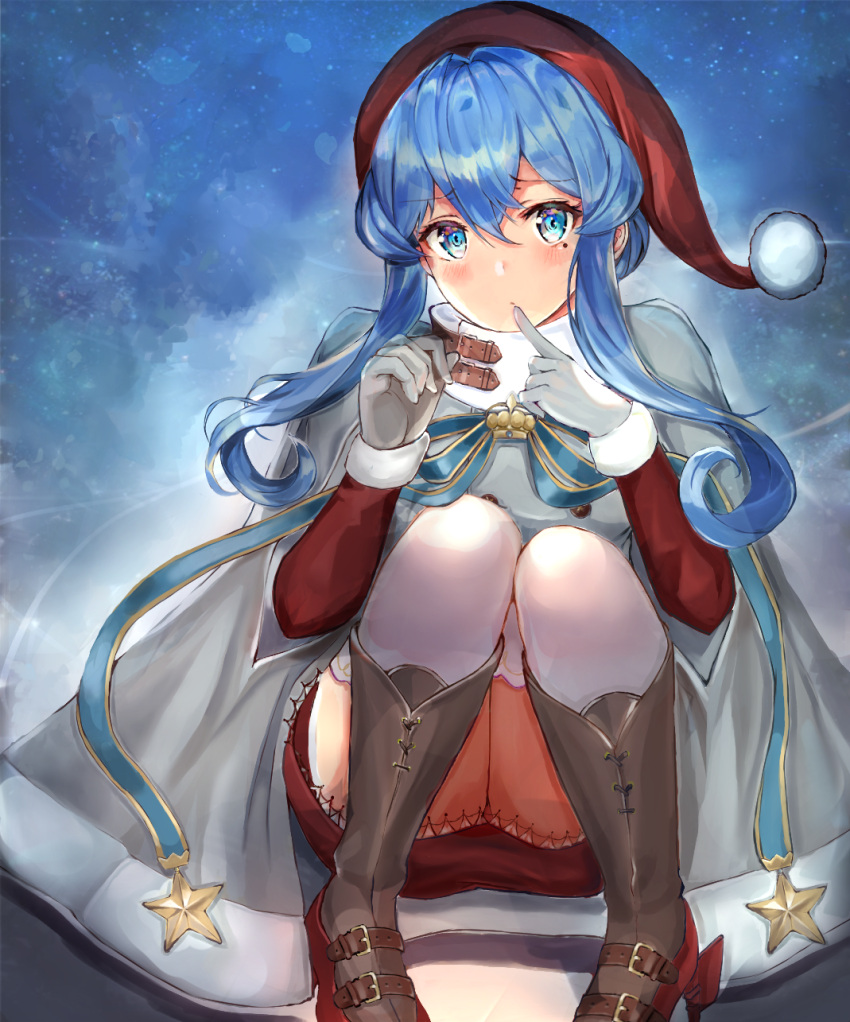 1girl alternate_costume bangs blue_eyes blue_hair blush boots breast_grab breasts christmas coat commentary eriyama_(user_csua4255) eyebrows_visible_through_hair finger_to_mouth gotland_(kantai_collection) grabbing groping hair_between_eyes hair_bun hat highres kantai_collection knee_boots large_breasts long_hair long_sleeves looking_at_viewer mole mole_under_eye one_eye_closed rudder_footwear santa_hat sidelocks squatting thigh-highs white_coat white_legwear