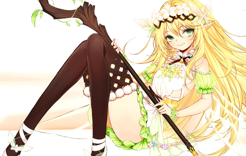 1girl brown_legwear caing_zhihuang detached_sleeves elf fairy_wings flat_chest flower green_eyes green_skirt hair_flower hair_ornament head_wreath highres knees_up long_hair neck_bell pointy_ears puffy_short_sleeves puffy_sleeves short_sleeves sitting skirt smile solo staff thigh-highs transparent_wings very_long_hair white_background wings