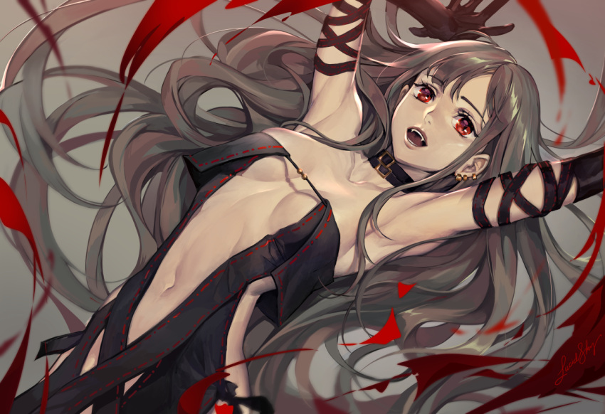 1girl arms_up bangs black_dress breasts brown_hair center_opening choker cleavage collarbone consort_yu_(fate) dress earrings elbow_gloves eyebrows_visible_through_hair fate/grand_order fate_(series) gloves jewelry long_hair looking_at_viewer lying medium_breasts navel on_back open_mouth red_eyes solo strapless strapless_dress very_long_hair yume_ou
