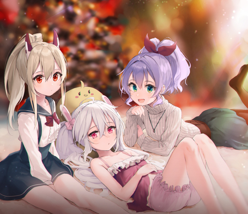 3girls :d ahoge animal_ears aqua_eyes arm_rest ayanami_(azur_lane) azur_lane bangs bare_arms bare_legs bare_shoulders between_legs black_legwear black_skirt blonde_hair bloomers blue_sailor_collar blue_skirt blurry blurry_background blush bow bowtie camisole christmas christmas_tree collarbone commentary_request depth_of_field frilled_shirt frills hair_between_eyes hair_intakes hair_ribbon hand_on_own_stomach hand_up headgear high-waist_skirt highres javelin_(azur_lane) jewelry kiyosato0928 knees_up laffey_(azur_lane) lavender_hair leg_up light_particles long_hair long_sleeves looking_at_viewer lying miniskirt multiple_girls navel necklace no_shoes on_back on_stomach open_mouth pantyhose parted_lips pink_bloomers pink_eyes ponytail purple_shirt rabbit_ears red_eyes red_neckwear red_ribbon ribbed_sweater ribbon sailor_collar shirt sidelocks sitting skirt sleeves_past_wrists smile stomach suspender_skirt suspenders sweater thighs turtleneck turtleneck_sweater twintails underwear wavy_hair white_hair white_shirt