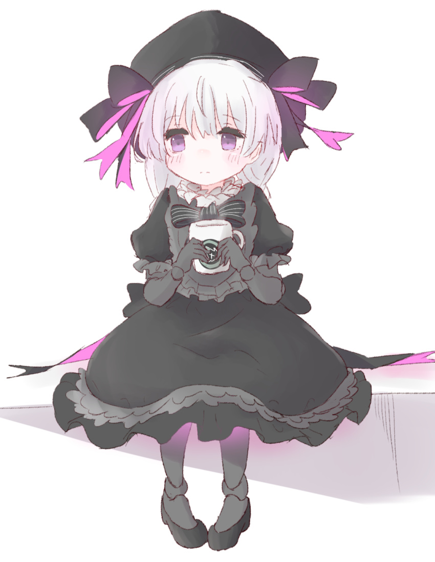 1girl bangs black_bow black_dress black_gloves black_hat bow braid cup dress fate/extra fate/grand_order fate_(series) gloves hat highres long_hair mug nursery_rhyme_(fate/extra) ruten_(onakasukusuku) silver_hair sitting twin_braids violet_eyes