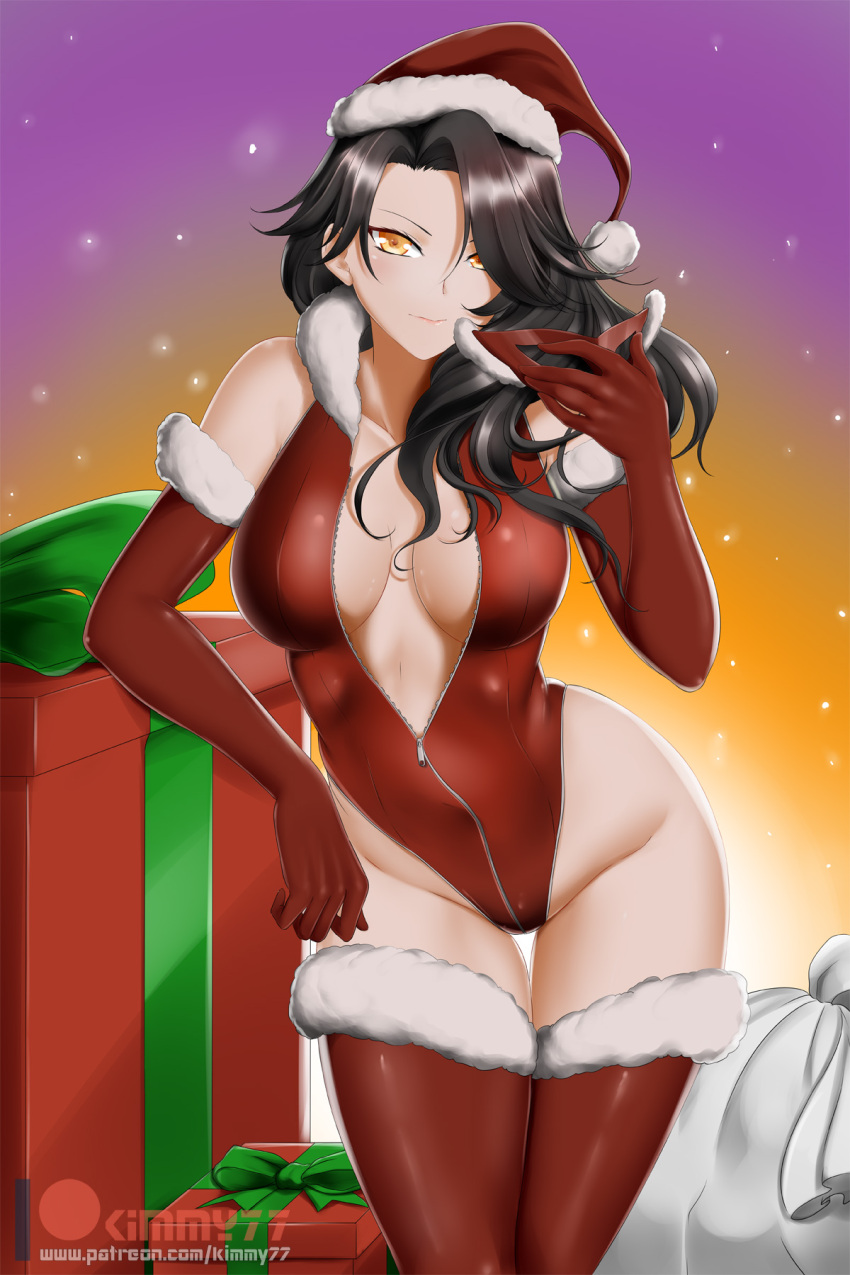 1girl alfred_cullado artist_name black_hair boots box breasts cinder_fall cleavage face_mask gift gift_box gloves hat highres leather_suit mask medium_breasts orange_eyes rwby sack santa_boots santa_costume santa_gloves santa_hat solo star starry_background zipper