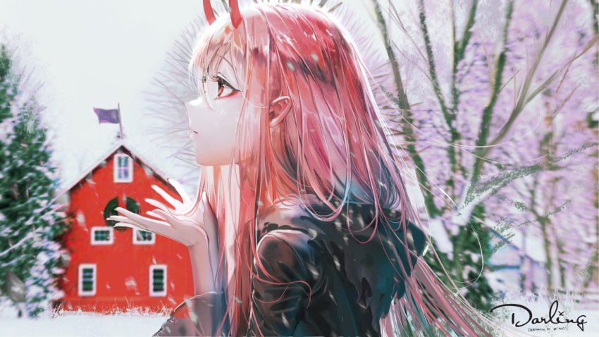 1girl bangs black_robe building closed_mouth commentary copyright_name darling_in_the_franxx day english_commentary eyebrows_visible_through_hair flat hair_between_eyes hands_up highres hood hood_down hooded_robe horns long_hair outdoors profile red_eyes redhead robe sa'yuki sky snow snowing solo tree very_long_hair zero_two_(darling_in_the_franxx)