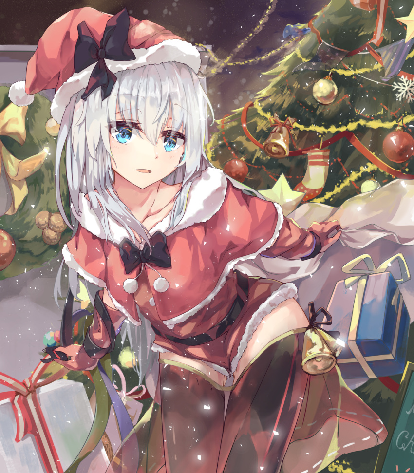 1girl arm_warmers ass_visible_through_thighs bangs bauble bell belt bent_over black_neckwear black_ribbon blue_eyes blush bow bowtie capelet christmas christmas_tree collarbone dress eyebrows_visible_through_hair fur-trimmed_capelet fur_trim gift hat hat_ribbon hibiki_(kantai_collection) highres holding holding_sack kantai_collection long_hair looking_at_viewer miniskirt parted_lips pom_pom_(clothes) red_capelet red_dress red_hat red_skirt ribbon sack santa_hat see-through shinsoyori silver_hair skirt solo standing thigh_gap thighs