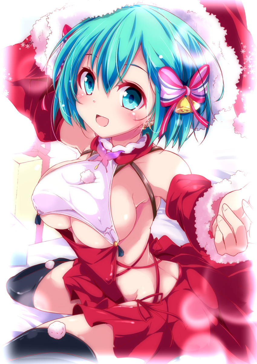1girl :d bad_anatomy bell black_legwear blue_eyes blue_hair blush bow breasts clenched_hand detached_sleeves divine_gate earrings gift hair_bell hair_bow hair_ornament hat highres indoors jewelry large_breasts looking_at_viewer nanaume_(shichimi_tougarashi) open_mouth pom_pom_(clothes) red_hat red_skirt santa_hat short_hair sitting skirt smile thigh-highs under_boob vivian_(divine_gate) wariza