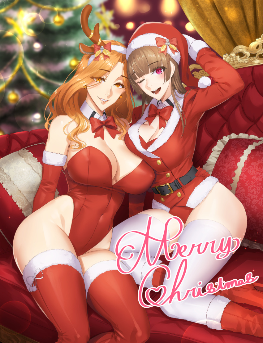 2girls absurdres animal_ears antlers bangs bare_shoulders belt blunt_bangs blush bow bowtie breasts brown_hair buttons christmas christmas_tree cleavage covered_navel daglasses detached_collar earrings fake_antlers fur_trim gloves hat highres hips jewelry large_breasts leotard long_hair looking_at_viewer merry_christmas multiple_girls one_eye_closed open_mouth orange_eyes orange_hair original parted_bangs pink_eyes playboy_bunny_leotard red_gloves red_legwear red_leotard red_neckwear reindeer_antlers reindeer_ears santa_costume santa_hat smile solo strapless strapless_leotard thigh-highs thighs white_legwear