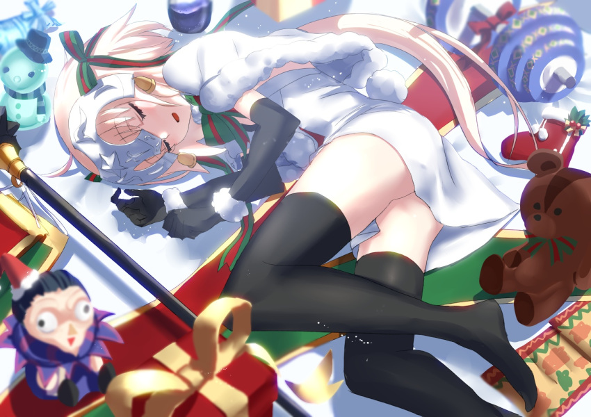 1girl ahoge ass black_bikini_top black_gloves black_legwear blonde_hair blurry bow capelet closed_eyes commentary_request depth_of_field elbow_gloves eyebrows_visible_through_hair fate/grand_order fate_(series) fur-trimmed_capelet fur_trim gift gloves green_bow green_ribbon headpiece jeanne_d'arc_(fate)_(all) jeanne_d'arc_alter_santa_lily long_hair lying on_side ribbon sleeping striped striped_bow striped_ribbon thighs tsuuhan very_long_hair white_capelet