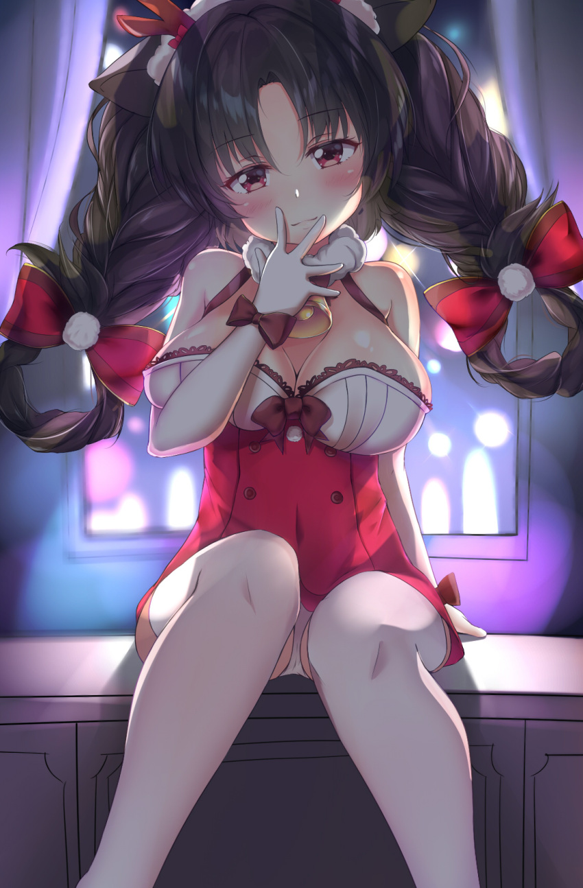 1girl animal_ears aono_(f_i_s) azur_lane bangs bare_shoulders bell blurry blurry_background blush bow braid breasts brown_hair christmas cleavage closed_mouth commentary_request curtains depth_of_field dress elbow_gloves eyebrows_visible_through_hair fur_collar gloves hair_between_eyes hair_bow hair_rings hand_up head_tilt highres large_breasts ooshio_(azur_lane) panties parted_bangs red_bow red_dress red_eyes smile solo thigh-highs twin_braids twintails underwear white_gloves white_legwear white_panties window