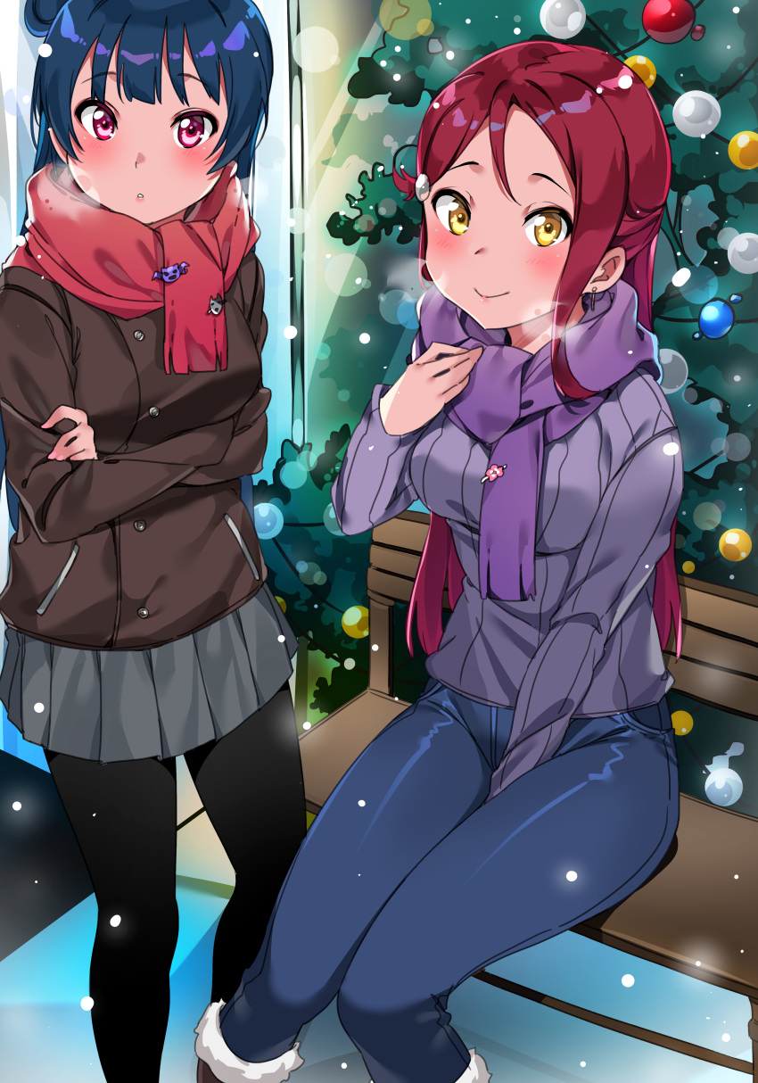 2girls absurdres bangs between_legs blue_hair blunt_bangs blurry braid breasts breath buttons casual christmas_tree contemporary crossed_arms depth_of_field earrings grey_skirt grey_sweater hair_bun hair_ornament hairclip half_updo hand_between_legs highres jewelry light_particles long_hair looking_at_viewer love_live! love_live!_sunshine!! medium_breasts miniskirt mole mole_under_mouth multiple_girls outdoors pantyhose pleated_skirt purple_scarf red_scarf redhead ribbed_sweater sakurauchi_riko scarf side_braid side_bun sitting skirt smile snow snowing standing sweater symbol_commentary tem10 tsushima_yoshiko violet_eyes yellow_eyes