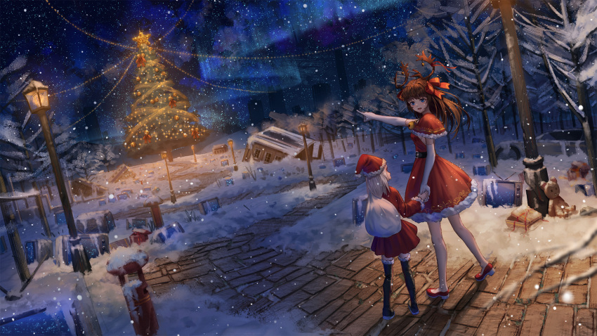 2girls antlers aurora bangs bare_legs bare_tree black_footwear blue_eyes blurry blurry_foreground boots brown_hair building capelet child christmas christmas_lights christmas_tree commentary_request depth_of_field dress dutch_angle elbow_gloves forest fur_trim gloves hair_ribbon hand_holding hat highres holding holding_sack house ji_dao_ji lamppost long_hair looking_at_another looking_up multiple_girls nature night night_sky original outdoors pavement pointing red_capelet red_dress red_footwear red_hat red_ribbon reindeer_antlers ribbon sack santa_costume santa_hat sky sleeveless sleeveless_dress snow snowing star thigh-highs thigh_boots tree walking white_gloves white_hair wide_shot winter