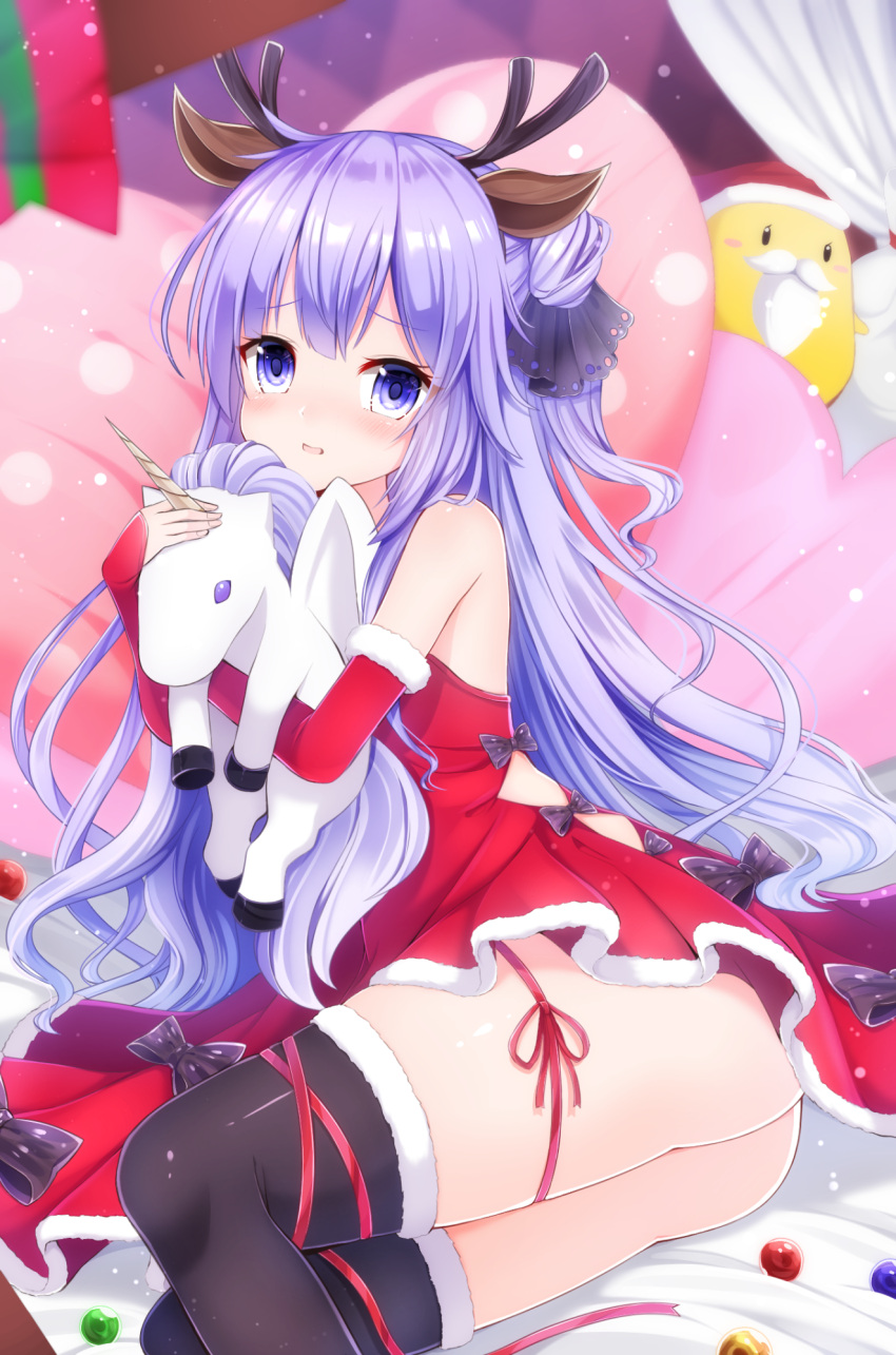 1girl animal_ears antlers ass azur_lane bangs bare_shoulders bauble bird black_bow black_legwear black_ribbon blurry blurry_background bow chick christmas commentary_request curtains depth_of_field detached_sleeves doll_hug dress fake_animal_ears fake_facial_hair fake_mustache feet_out_of_frame fur-trimmed_legwear fur-trimmed_sleeves fur_trim hair_bun hair_ribbon hat heart heart_pillow highres leg_ribbon light_particles long_hair long_sleeves looking_at_viewer lying nya_rl on_side pillow purple_hair reclining red_dress red_hat red_ribbon reindeer_antlers reindeer_ears ribbon santa_costume santa_hat side_bun side_cutout sidelocks solo stuffed_alicorn thigh-highs thighs unicorn_(azur_lane) violet_eyes wavy_hair