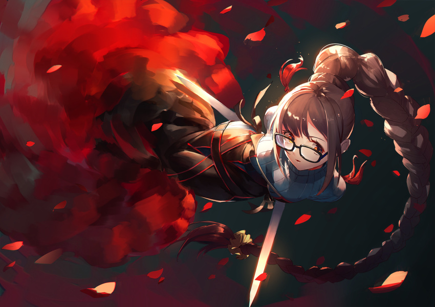 1girl black-framed_eyewear braid breasts brown_eyes brown_skirt commentary_request consort_yu_(fate) dual_wielding fate/grand_order fate_(series) glasses hair_ornament hair_scrunchie holding holding_sword holding_weapon kotoribako large_breasts long_hair looking_at_viewer parted_lips petals ribbed_sweater rose_petals scrunchie single_braid skirt solo sweater sword very_long_hair weapon white_sweater