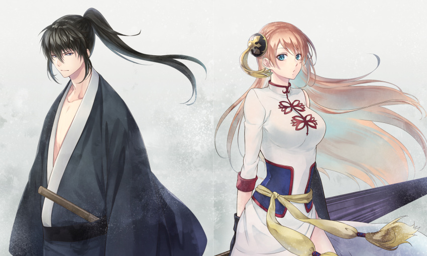 1boy 1girl black_hair black_kimono blue_eyes breasts brown_hair china_dress chinese_clothes closed_umbrella collarbone da_raku dress floating_hair gintama hair_bun high_ponytail highres hijikata_toushirou holding holding_umbrella japanese_clothes kagura_(gintama) kimono large_breasts long_hair long_sleeves oriental_umbrella purple_umbrella sheath sheathed side_slit standing sword umbrella very_long_hair weapon white_dress