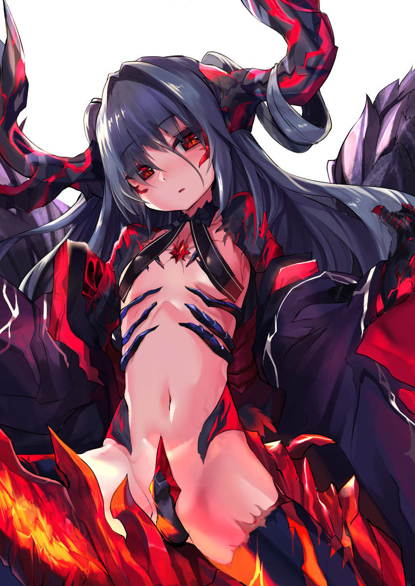 1girl absurdres black_bra black_hair bra claws commentary_request crotch_plate demon_girl demon_horns demon_tail demon_wings eyebrows_visible_through_hair flat_chest haik hair_between_eyes hair_intakes head_tilt highres horns long_hair long_sleeves looking_at_viewer navel off_shoulder original parted_lips red_eyes revealing_clothes scales simple_background slit_pupils solo tail underwear white_background wings