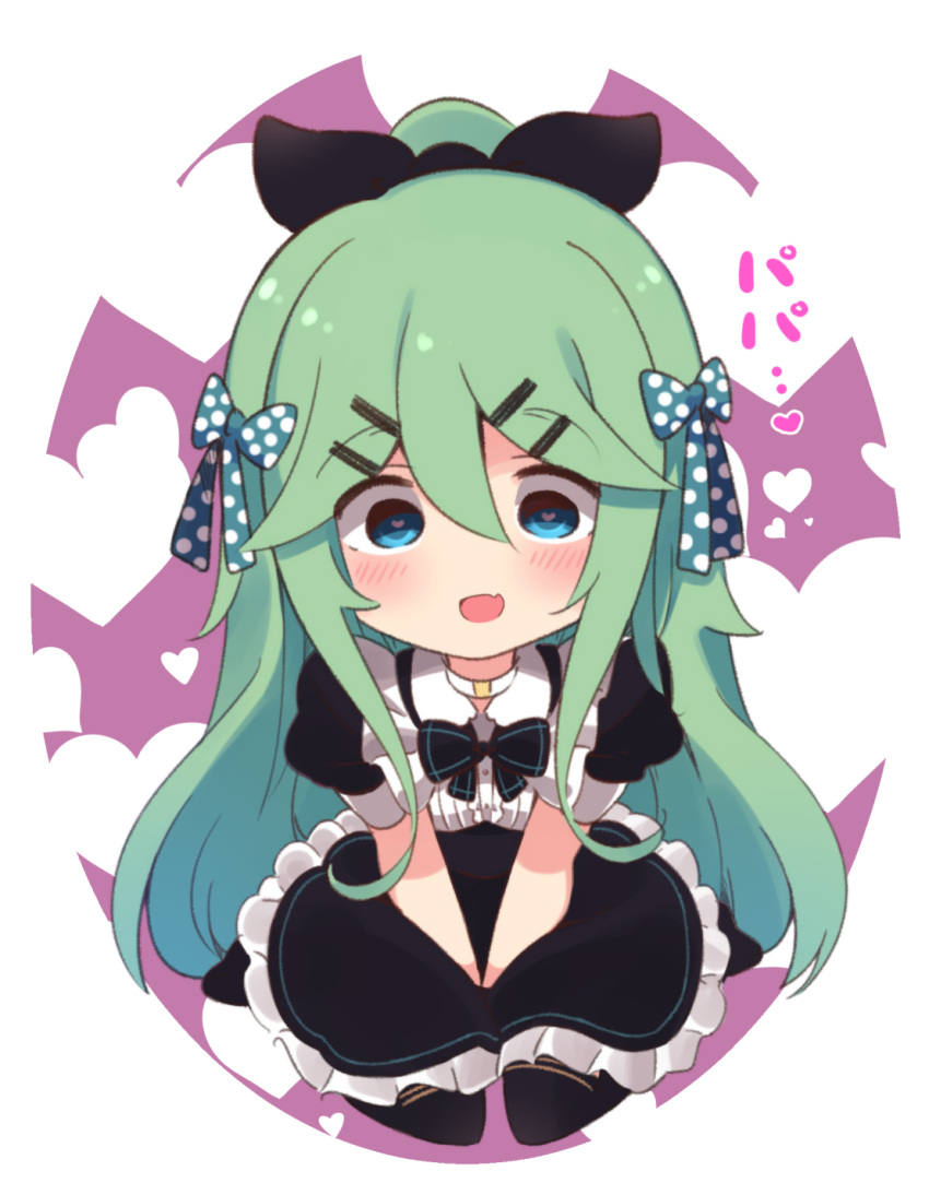 1girl alternate_costume bangs black_dress black_legwear black_ribbon blue_bow bow commentary_request dress empty_eyes full_body green_eyes green_hair hair_between_eyes hair_bow hair_ornament hair_ribbon hairclip heart heart-shaped_pupils highres kantai_collection long_hair looking_at_viewer no_nose parted_bangs polka_dot polka_dot_bow ponytail ribbon seiza sidelocks sitting solo suzuki_toto symbol-shaped_pupils thigh-highs translation_request two-tone_background white_background yamakaze_(kantai_collection)