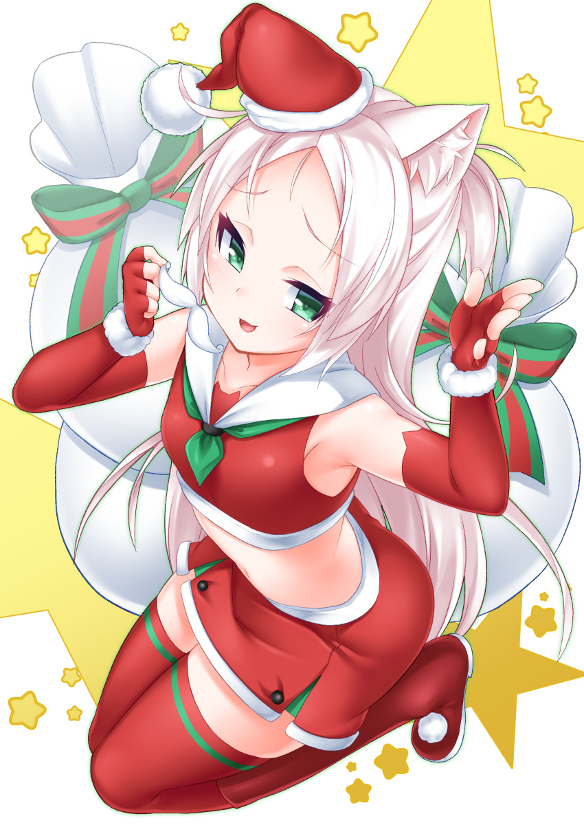 1girl :d absurdres animal_ear_fluff animal_ears azur_lane bare_shoulders boots breasts cat_ears christmas crop_top elbow_gloves fake_facial_hair fake_mustache fingerless_gloves fur-trimmed_gloves fur-trimmed_hat fur_trim gloves green_eyes hat highres kirisame_mia knee_boots midriff navel open_mouth pleated_skirt red_footwear red_gloves red_hat red_legwear red_shirt red_skirt sack santa_hat shirt silver_hair sims_(azur_lane) skirt sleeveless sleeveless_shirt small_breasts smile solo star thigh-highs thighhighs_under_boots white_background