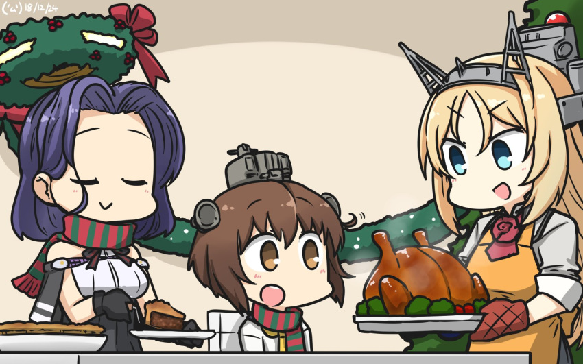 3girls apron bare_shoulders black_gloves blonde_hair blue_eyes brown_eyes brown_hair capelet christmas_wreath closed_eyes commentary_request dated dress flower food gloves hamu_koutarou headgear highres kantai_collection long_hair long_sleeves mechanical_halo military military_uniform multiple_girls neckerchief nelson_(kantai_collection) open_mouth oven_mitts pie purple_hair red_flower red_rose remodel_(kantai_collection) rose sailor_dress scarf short_hair sleeveless striped striped_scarf tatsuta_(kantai_collection) turkey_(food) uniform upper_teeth yellow_apron yellow_neckwear yukikaze_(kantai_collection)