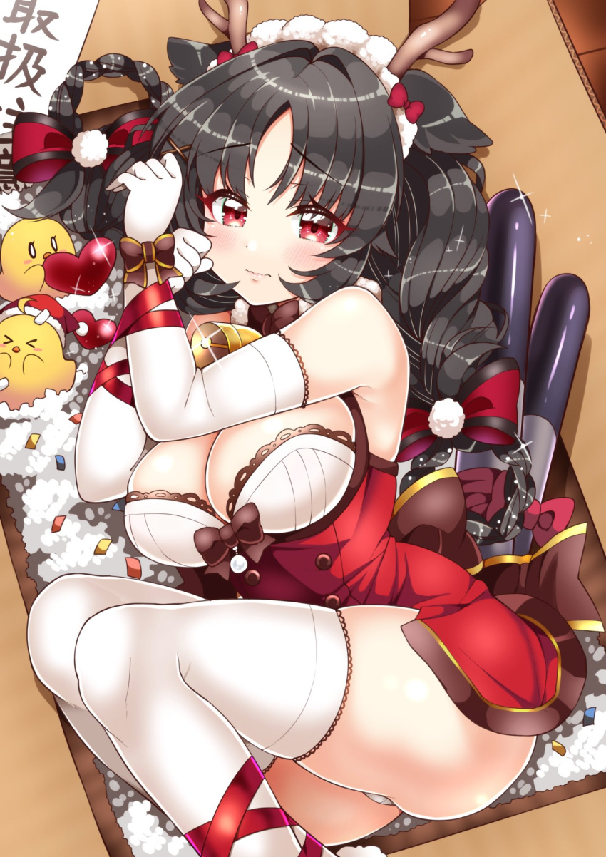 &gt;_&lt; 1girl antlers ass azur_lane bell bird black_hair blush bound box braid breasts chick cleavage elbow_gloves gloves highres in_box in_container kanjitomiko large_breasts o_o ooshio_(azur_lane) panties red_eyes reindeer_antlers ribbon ribbon_bondage solo thigh-highs twin_braids underwear wavy_mouth white_gloves white_legwear white_panties