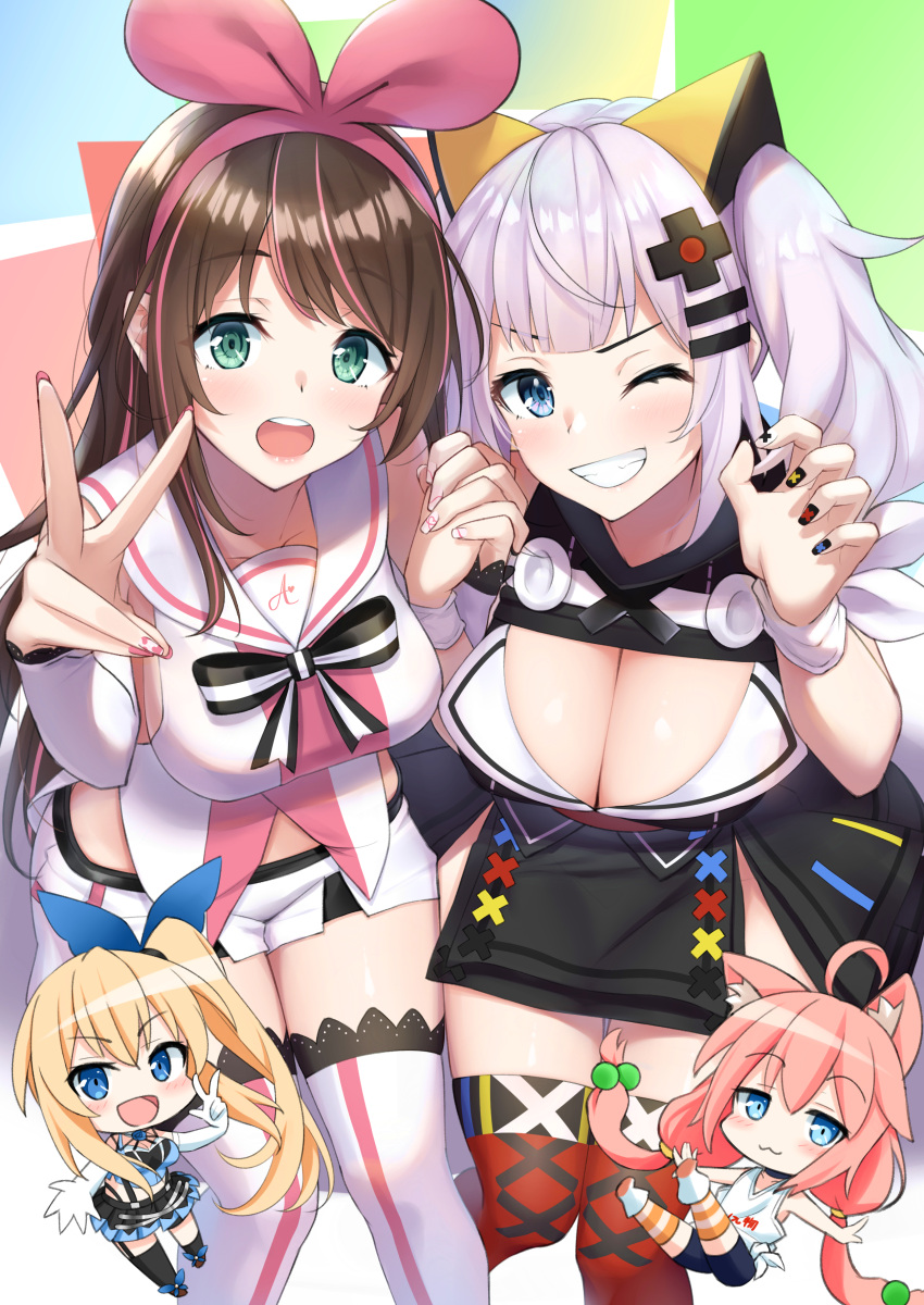 4girls :3 :d ;d a.i._channel absurdres ahoge bike_shorts black_dress black_nails blonde_hair blue_eyes blush breasts brown_hair chibi cleavage cleavage_cutout clenched_teeth commentary dress elbow_gloves eyebrows_visible_through_hair full_body gloves hair_ornament hairband hand_holding highres hinata_channel interlocked_fingers kaguya_luna kaguya_luna_(character) kizuna_ai lace lace-trimmed_sleeves lace-trimmed_thighhighs long_hair looking_at_viewer low_twintails mirai_akari mirai_akari_project mirea multicolored_hair multiple_girls nail_polish nekomiya_hinata obi one_eye_closed open_mouth pink_hair pink_hairband red_legwear red_nails sailor_collar sash short_hair shorts side_ponytail silver_hair smile streaked_hair striped striped_legwear tank_top teeth thigh-highs twintails v virtual_youtuber white_gloves white_legwear white_sailor_collar white_shorts white_tank_top x_hair_ornament