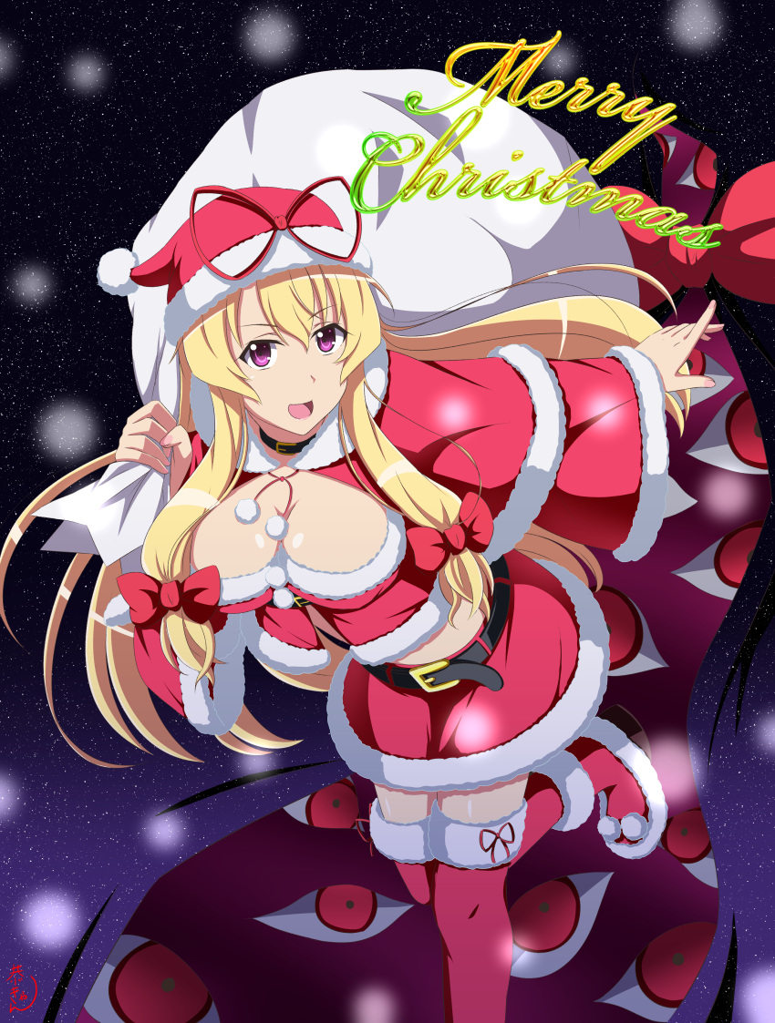 1girl :d absurdres belt belt_buckle black_belt blonde_hair boots breasts buckle christmas cleavage commentary_request eyebrows_visible_through_hair fur-trimmed_boots fur-trimmed_hat fur-trimmed_legwear fur-trimmed_skirt fur-trimmed_sleeves fur_trim gap hair_between_eyes hair_ribbon hat highres kyoukyan large_breasts long_hair looking_at_viewer merry_christmas open_mouth pom_pom_(clothes) red_footwear red_hat red_legwear red_skirt ribbon sack santa_costume santa_hat skirt smile snowing solo thigh-highs touhou tress_ribbon violet_eyes wide_sleeves yakumo_yukari