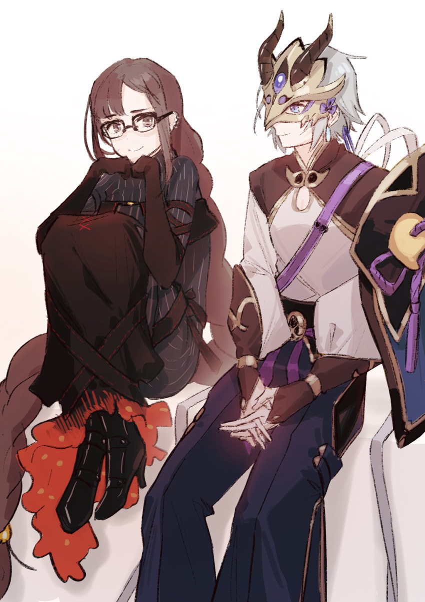 1boy 1girl azarashi_ball black_dress black_hair blue_eyes braiding_hair brown_eyes cape chinese_armor chinese_clothes cleavage_cutout consort_yu_(fate) detached_sleeves dress fate/grand_order fate_(series) gao_changgong_(fate) glasses grey_hair hairdressing hand_on_hand hand_on_own_chin highres horns mask ornament ribbon side_slit sitting smile turtleneck